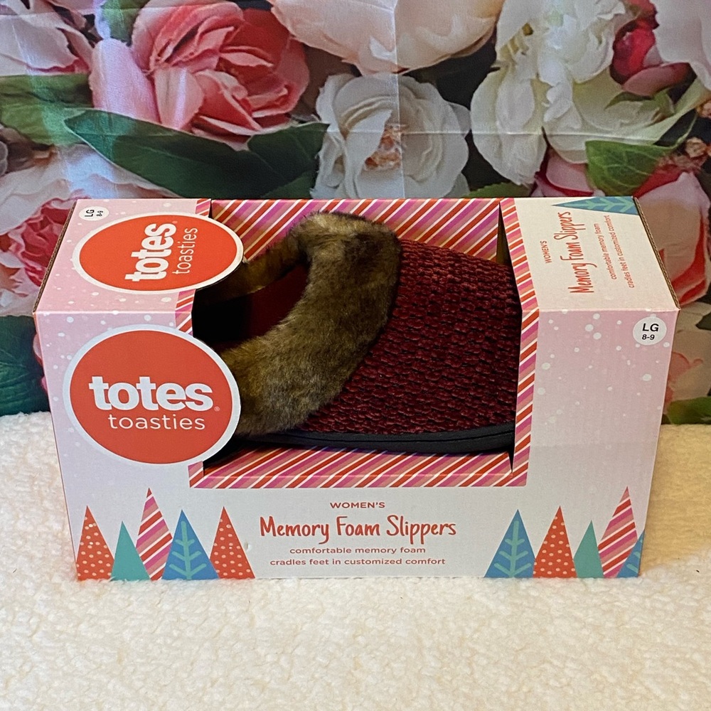 Totes Toasties Memory Foam Slippers - Burgundy and Brown